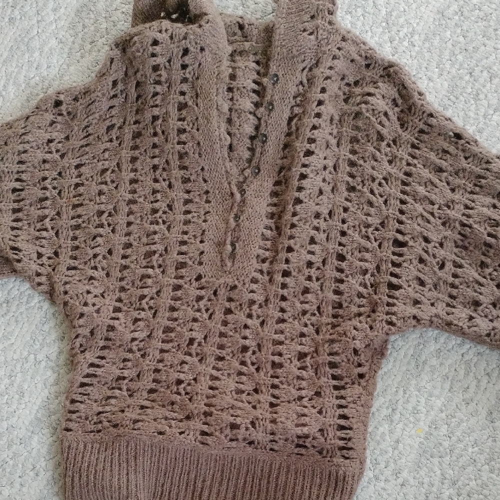 This is a Free People Pointelle Open Knit Alpaca Hooded Sweater in brown. Small - Picture 12 of 13